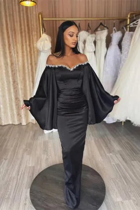 Black Long Off the Shoulder Mermaid Satin Prom Dress with Sleeves