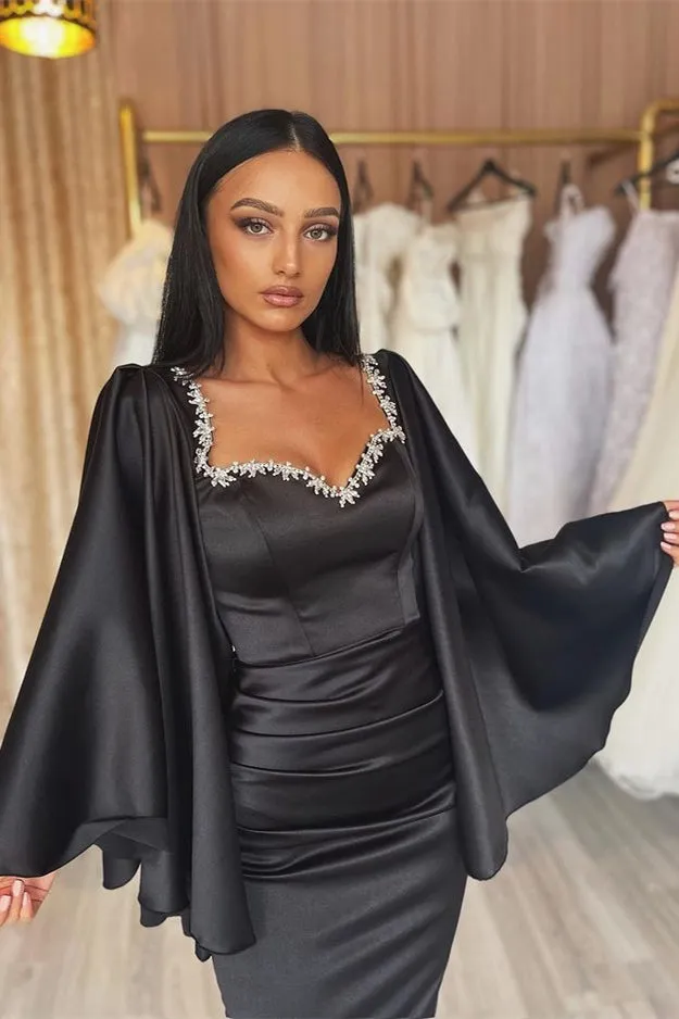 Black Long Off the Shoulder Mermaid Satin Prom Dress with Sleeves