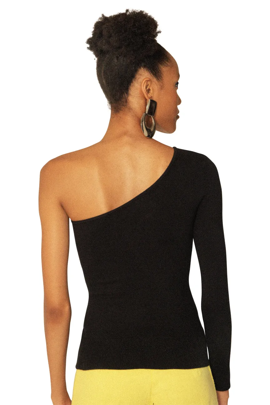 Black Peachskin Asymmetric One-Sleeve Top