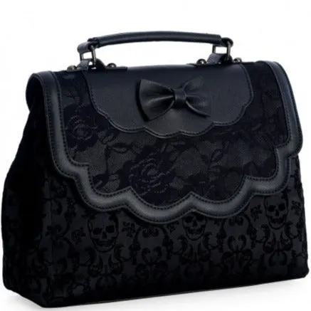 Black Retro Rose Embossed Scalloped Bow Handbag With Chain Shoulder Strap