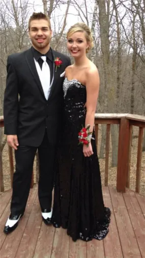 black sequin prom dress, long prom dress, strapless prom dress, sparkle prom dress, evening gown, BD115