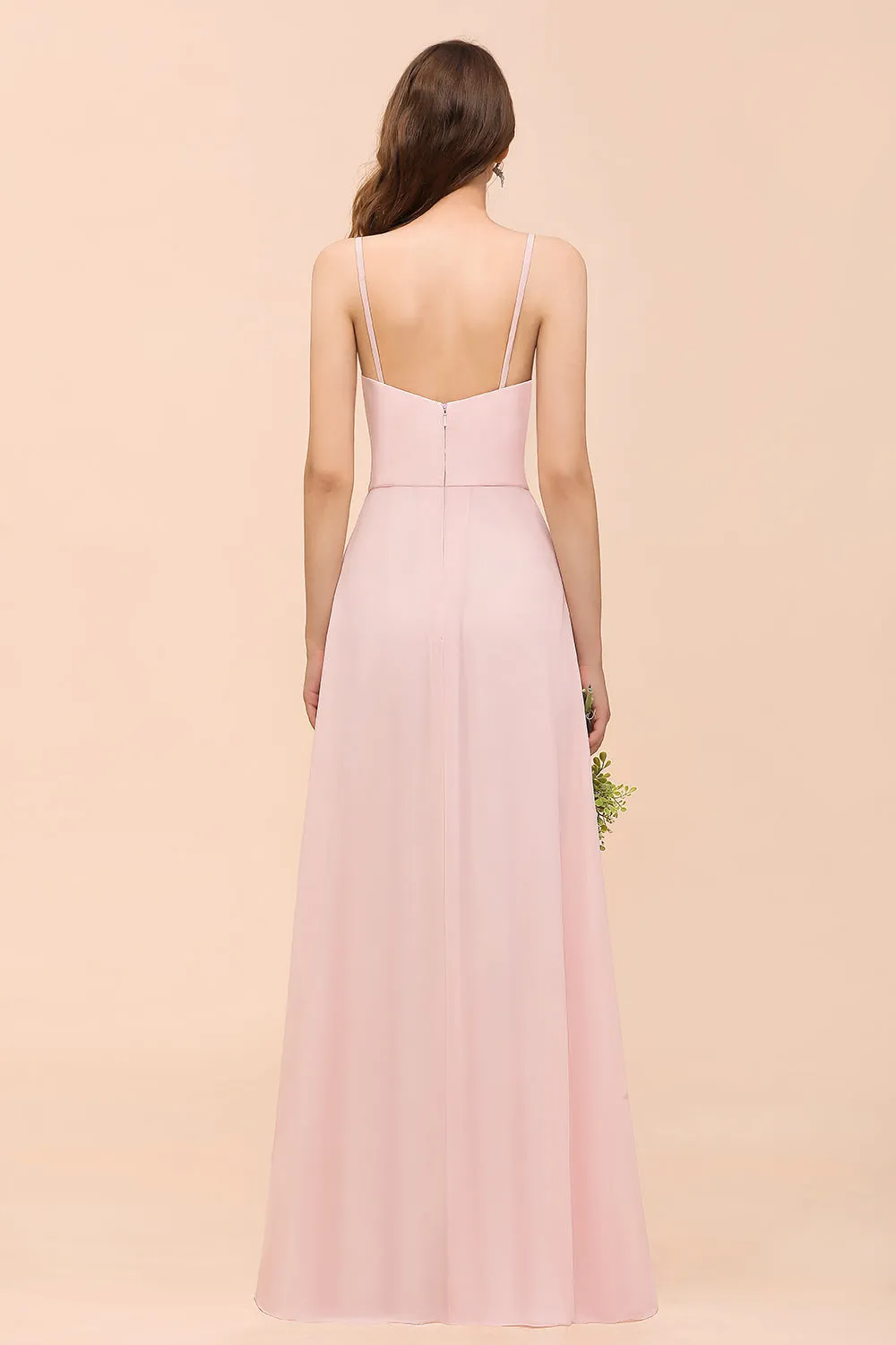 Blushing Pink Long A-line V-neck Spaghetti Straps Chiffon Bridesmaid Dress