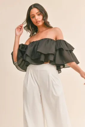 Briella Organza Ruffled Crop Top - Black