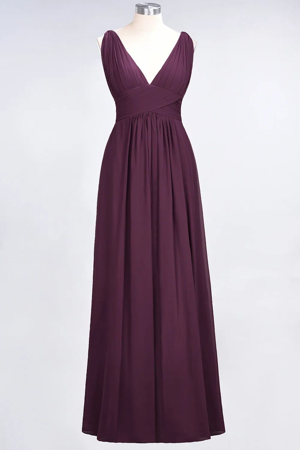 Burgundy A-Line Chiffon V-Neck Long Bridesmaid Dress with Ruffle