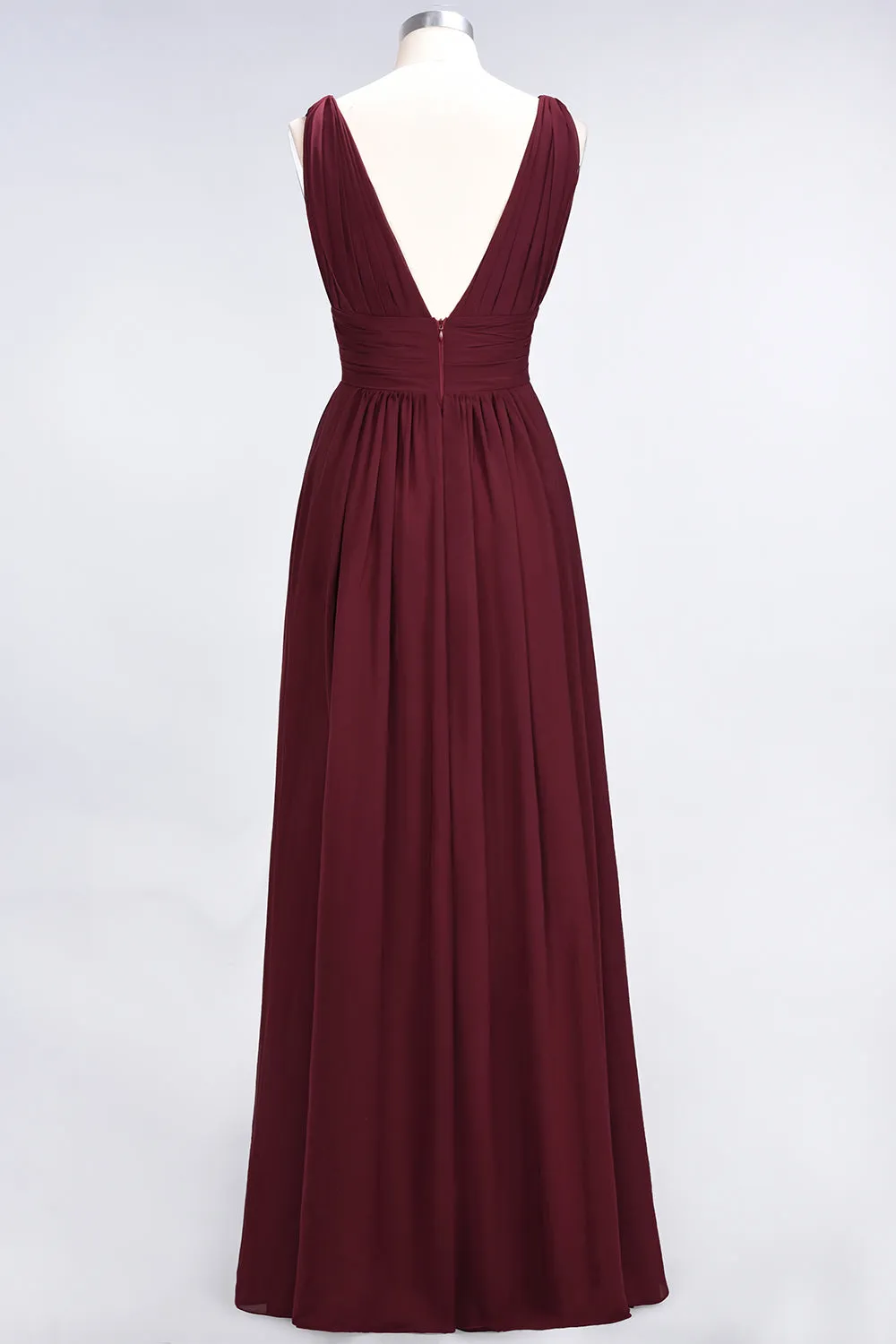 Burgundy A-Line Chiffon V-Neck Long Bridesmaid Dress with Ruffle