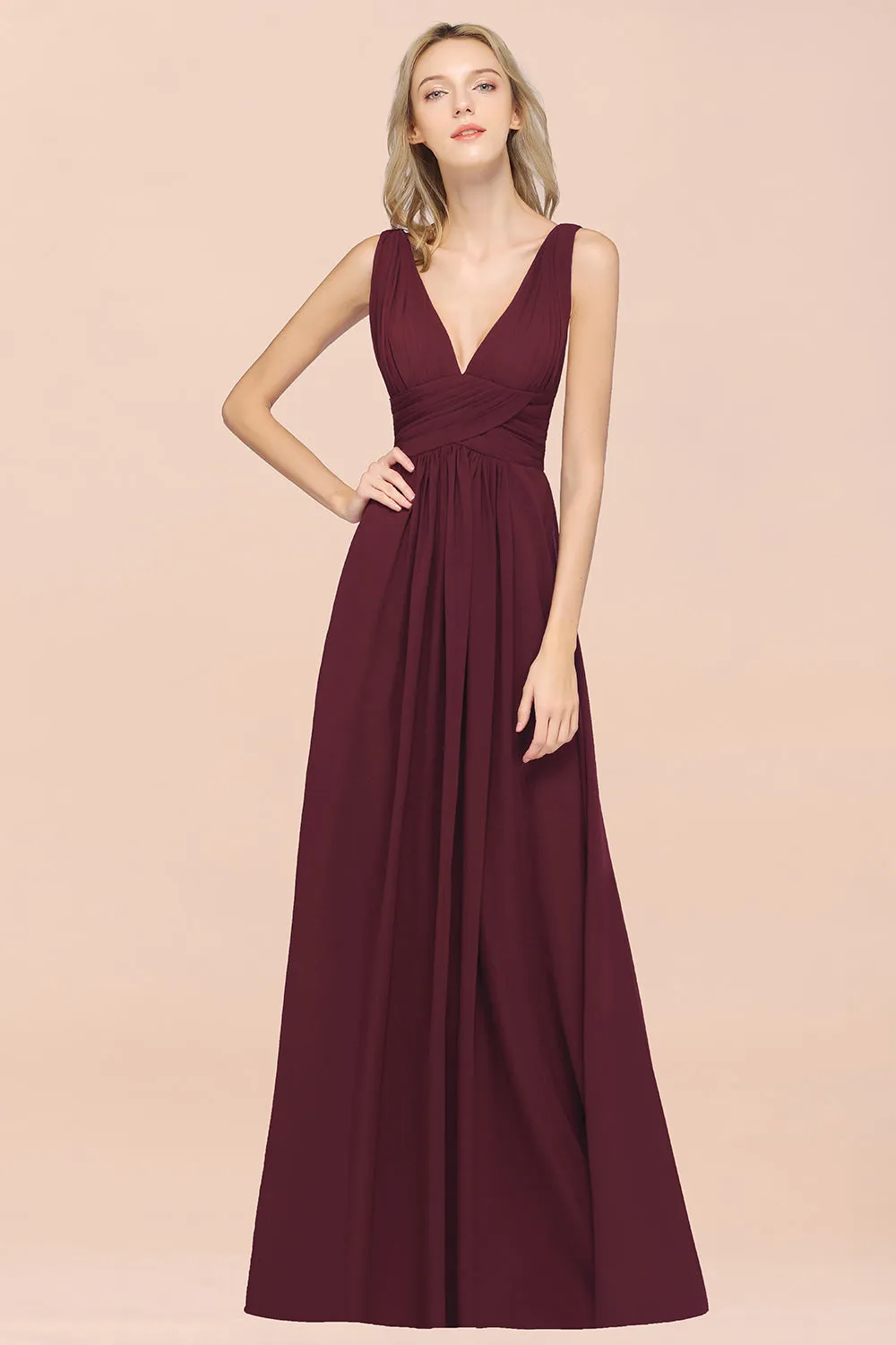 Burgundy A-Line Chiffon V-Neck Long Bridesmaid Dress with Ruffle