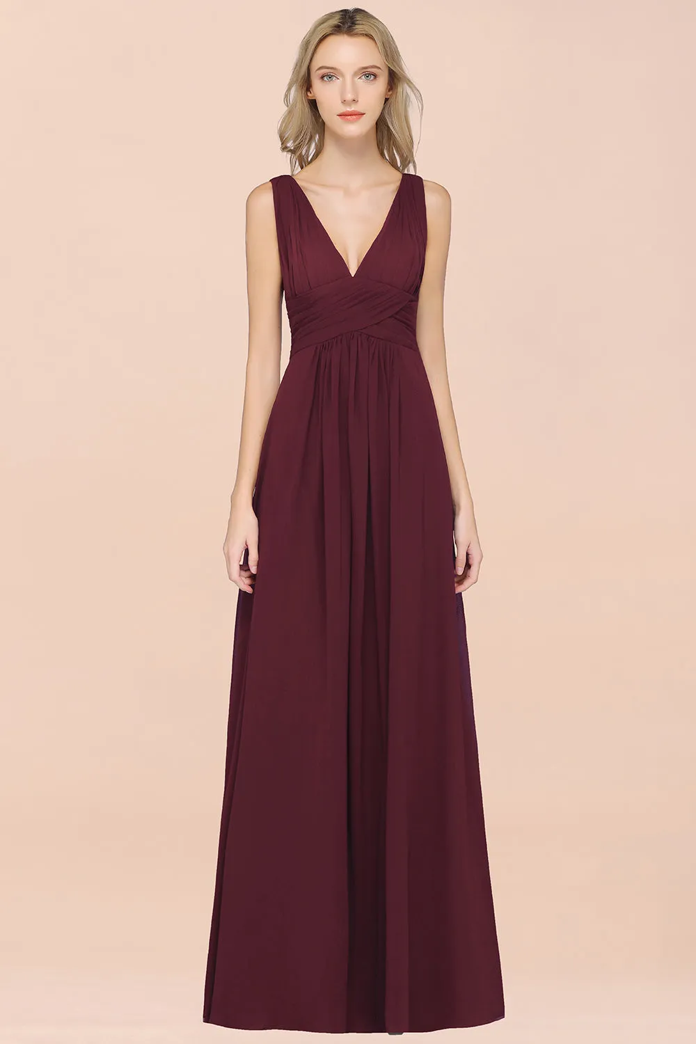 Burgundy A-Line Chiffon V-Neck Long Bridesmaid Dress with Ruffle