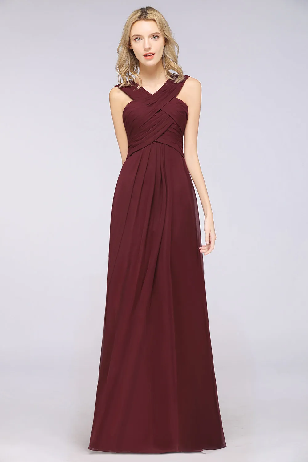 Burgundy A-Line Chiffon V-Neck Straps Long Bridesmaid Dress with Ruffles