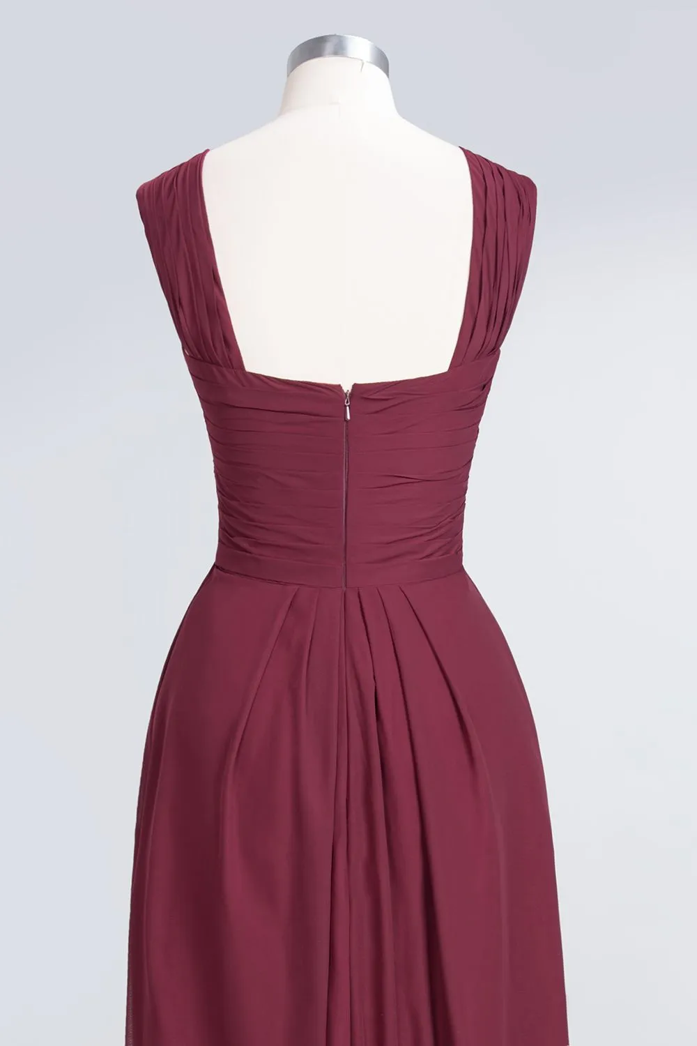 Burgundy A-Line Chiffon V-Neck Straps Long Bridesmaid Dress with Ruffles