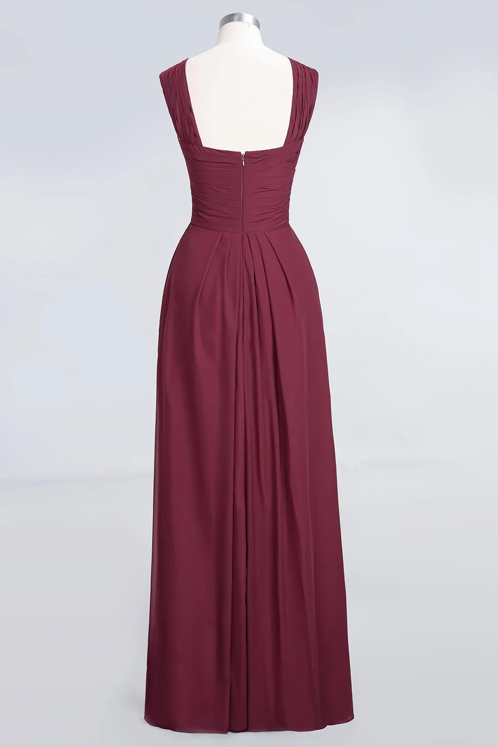 Burgundy A-Line Chiffon V-Neck Straps Long Bridesmaid Dress with Ruffles