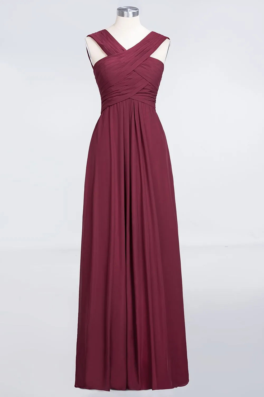 Burgundy A-Line Chiffon V-Neck Straps Long Bridesmaid Dress with Ruffles