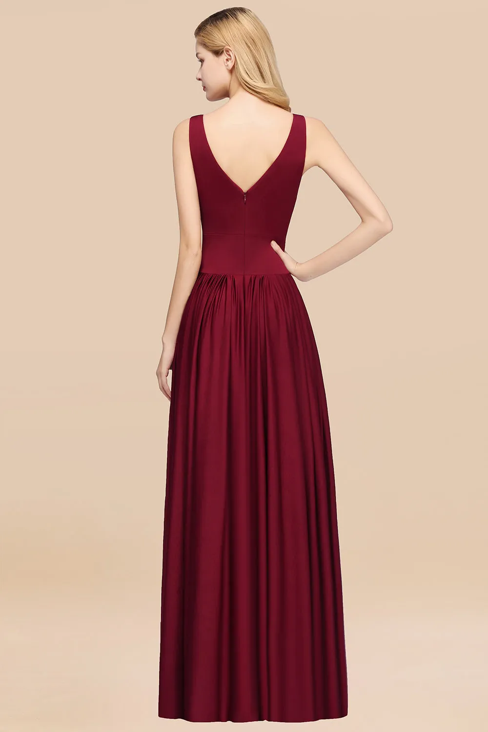 Burgundy Long A-Line V-Neck Sleeveless Ruffles Bridesmaid Dress with Slit