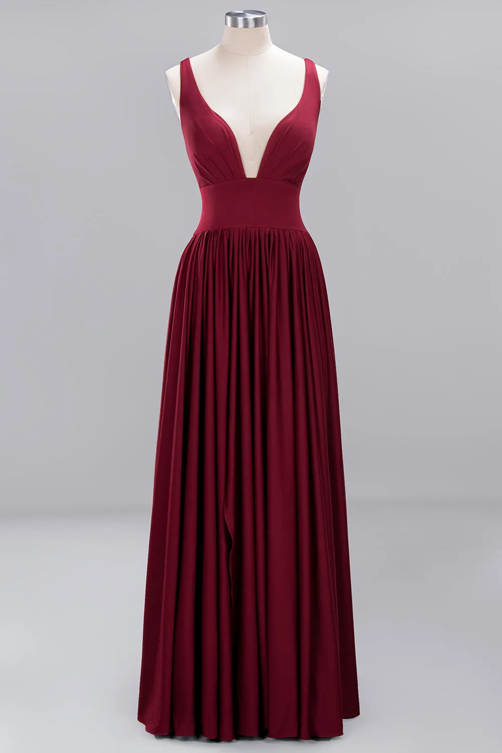 Burgundy Long A-Line V-Neck Sleeveless Ruffles Bridesmaid Dress with Slit