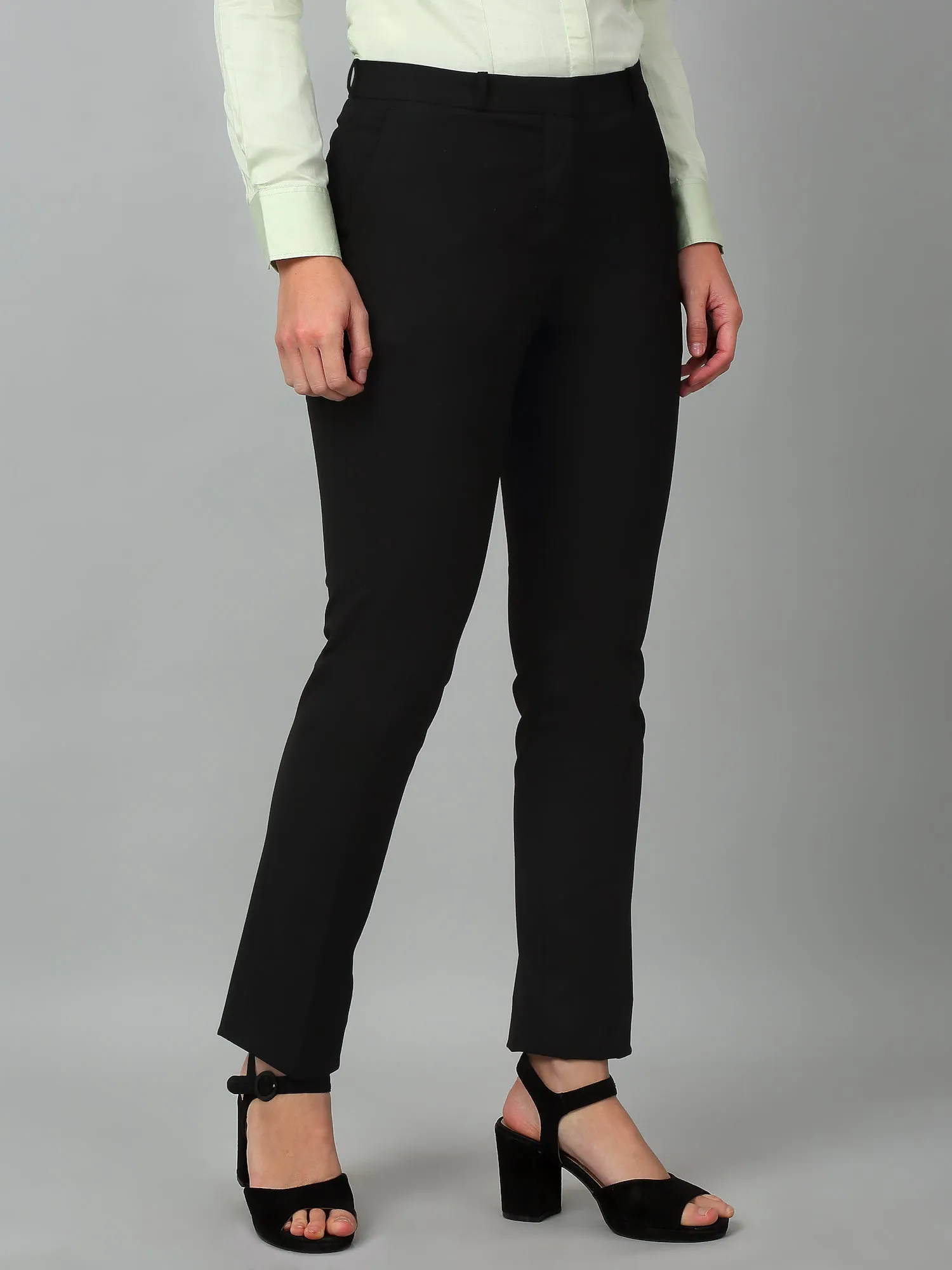 Cantabil Black Solid Non-Pleated Formal Trouser For Women