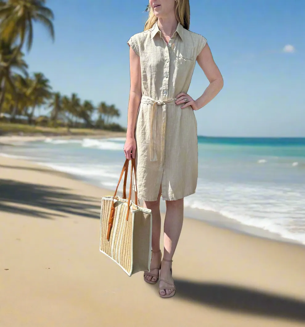 Cap Sleeve Linen Dress in beach by Haris Cotton