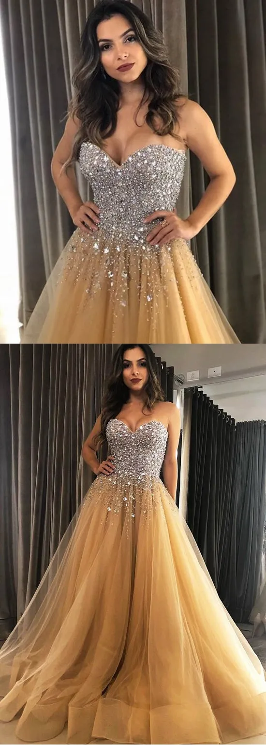 Champagne Gold Prom Dress with Crystals, Evening Dress ,Winter Formal Dress, Pageant Dance Dresses, Graduation School Party Gown, PC0320