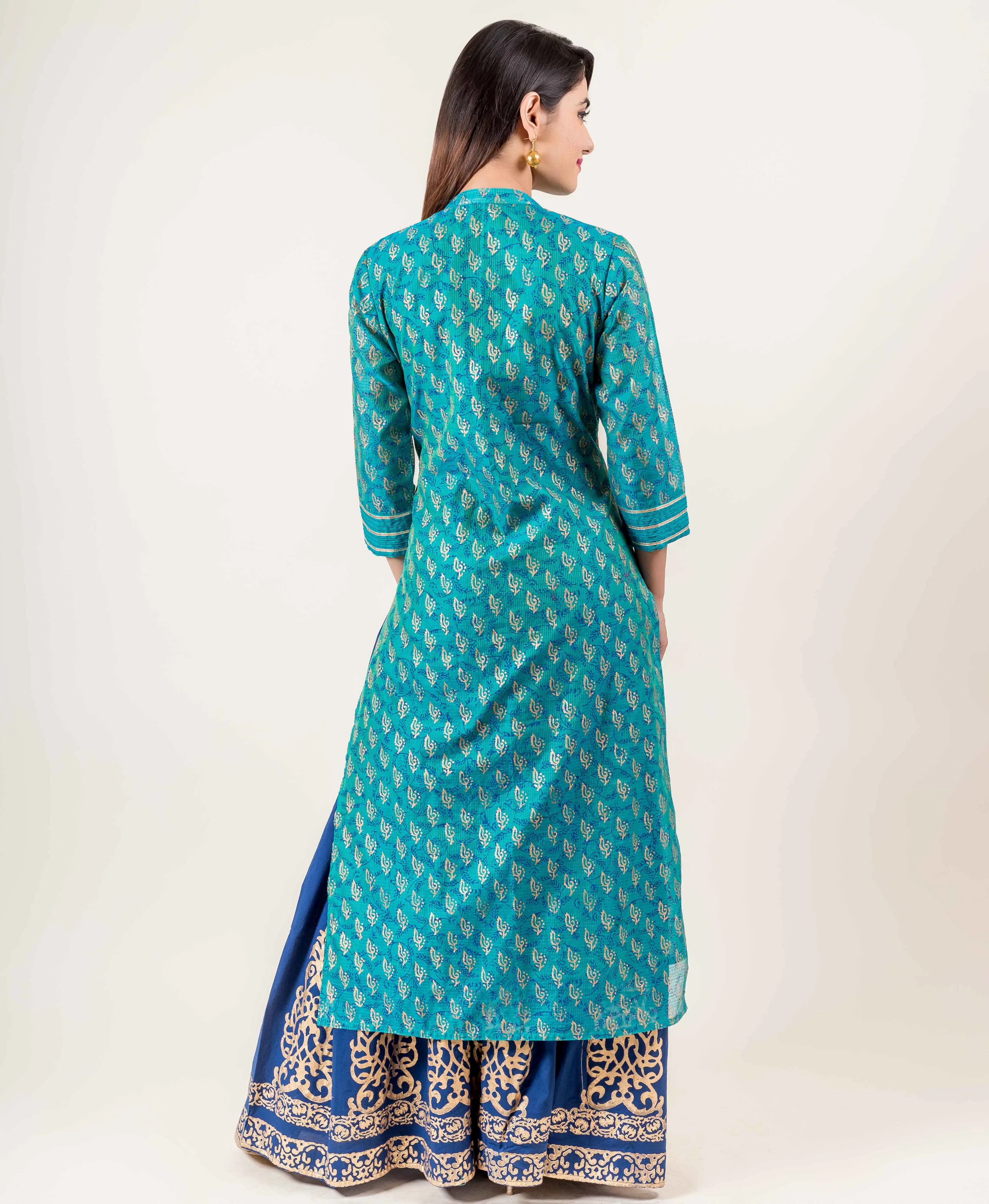 Chanderi Teal Colored Golden Gota Patti Kurta