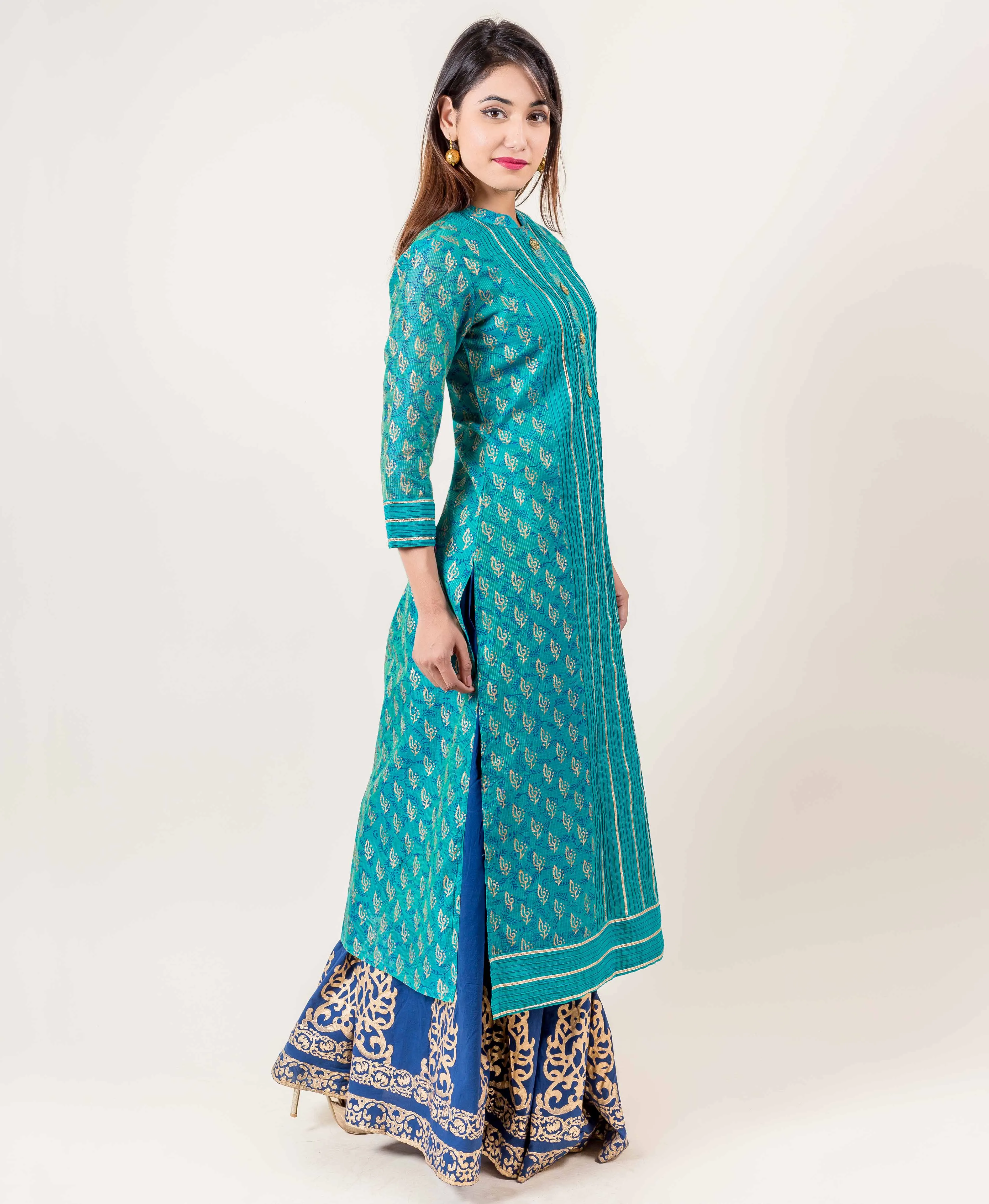 Chanderi Teal Colored Golden Gota Patti Kurta