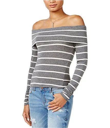 Chelsea Sky Women's Off The Shoulder Striped Pullover Top, Gray, S