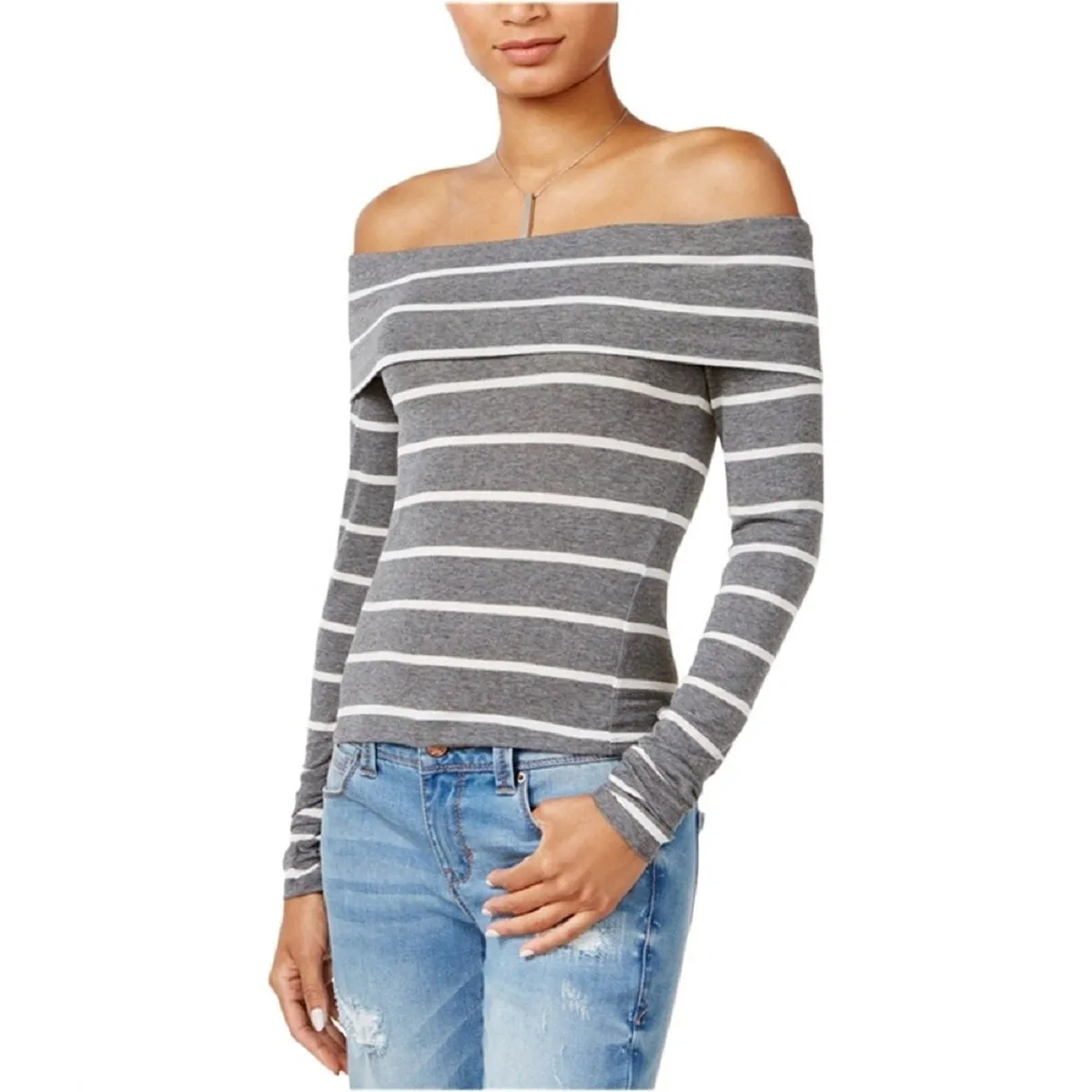 Chelsea Sky Women's Off The Shoulder Striped Pullover Top, Gray, S