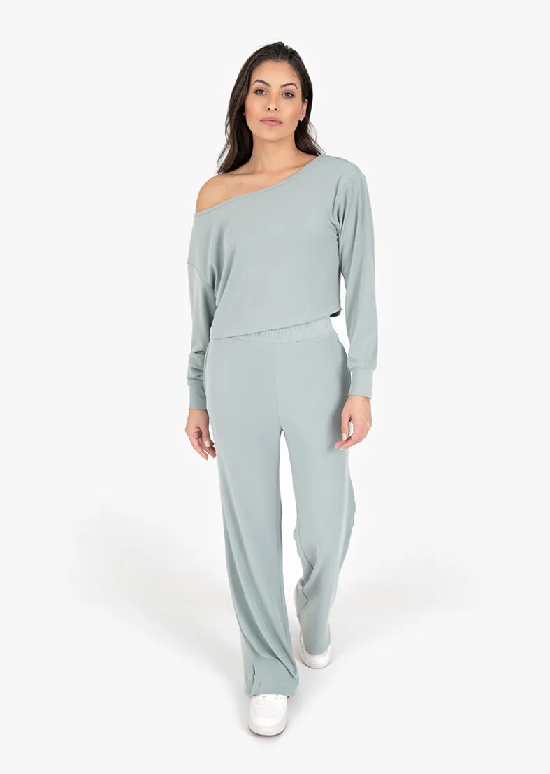 Cloudsoft Rib Off The Shoulder Top & Palazzo Pant Set Sage