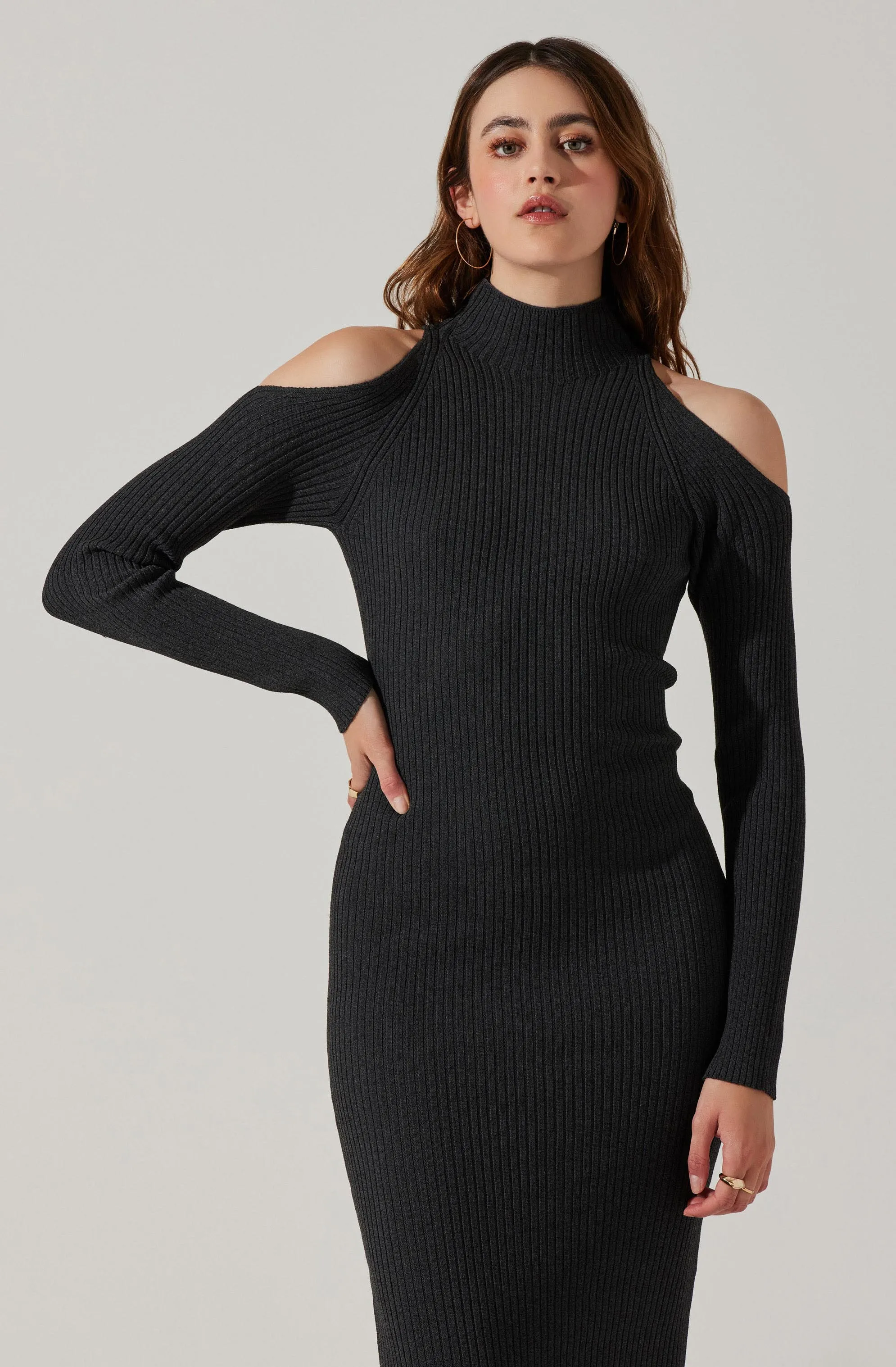 Cold Shoulder Mock Neck Midi Sweater Dress