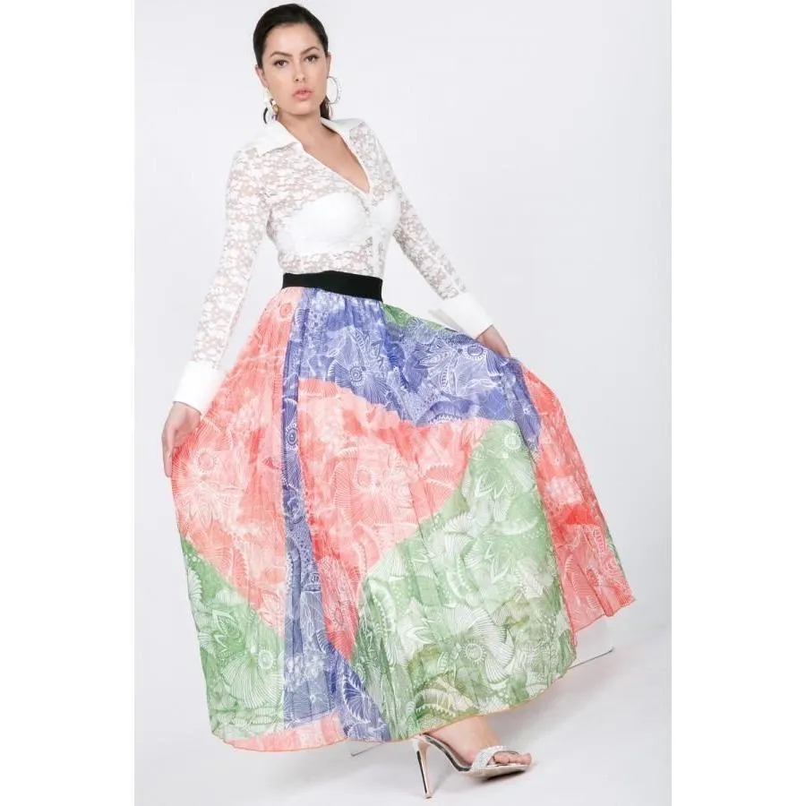 Color Block Pleated Maxi Skirt