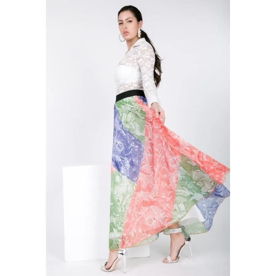 Color Block Pleated Maxi Skirt