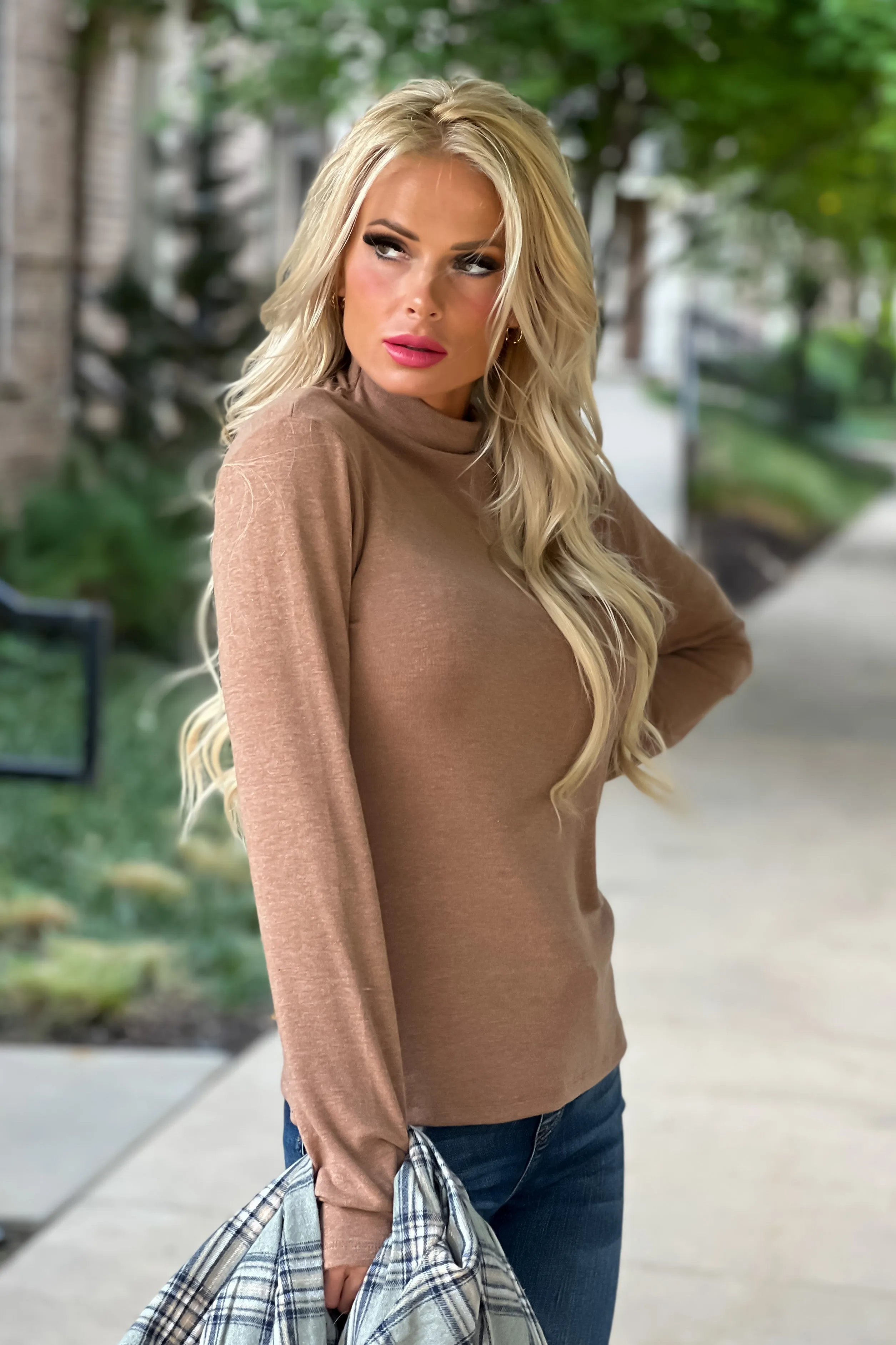 Cool Nights Mock Neck Brushed Top : Latte