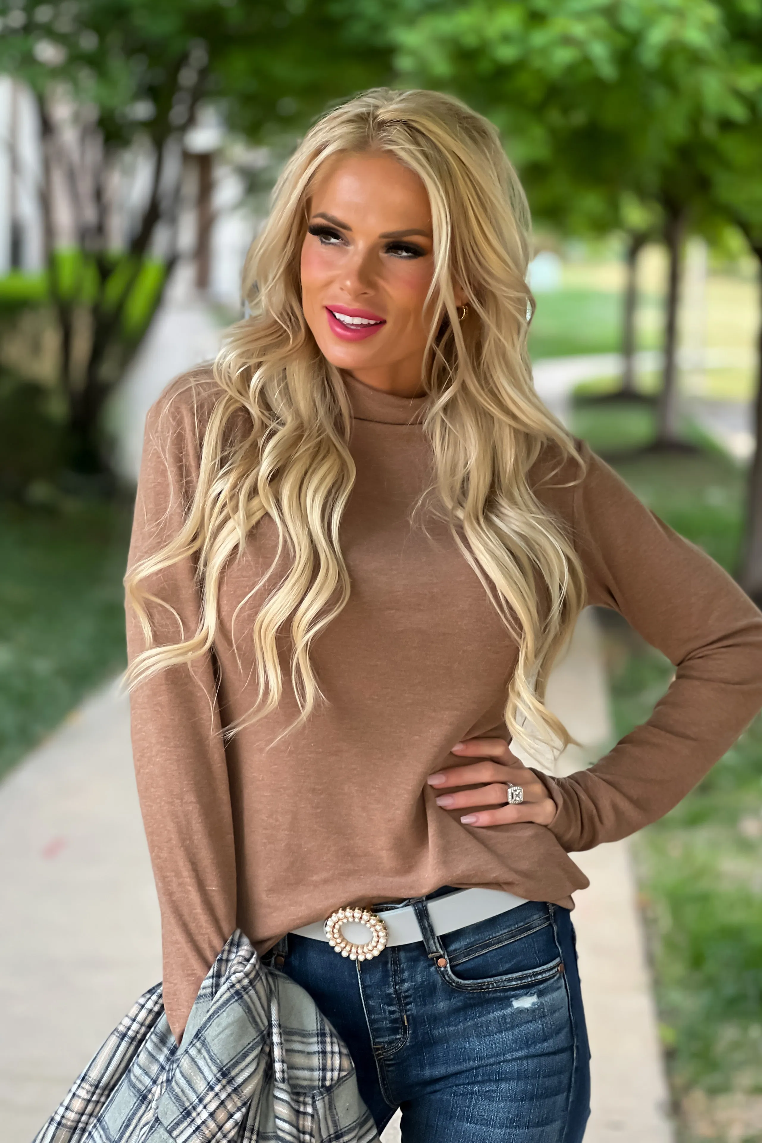 Cool Nights Mock Neck Brushed Top : Latte