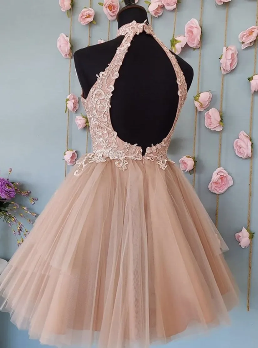 Cute Open Back Tulle Lace Short Prom Dresses Homecoming Dresses