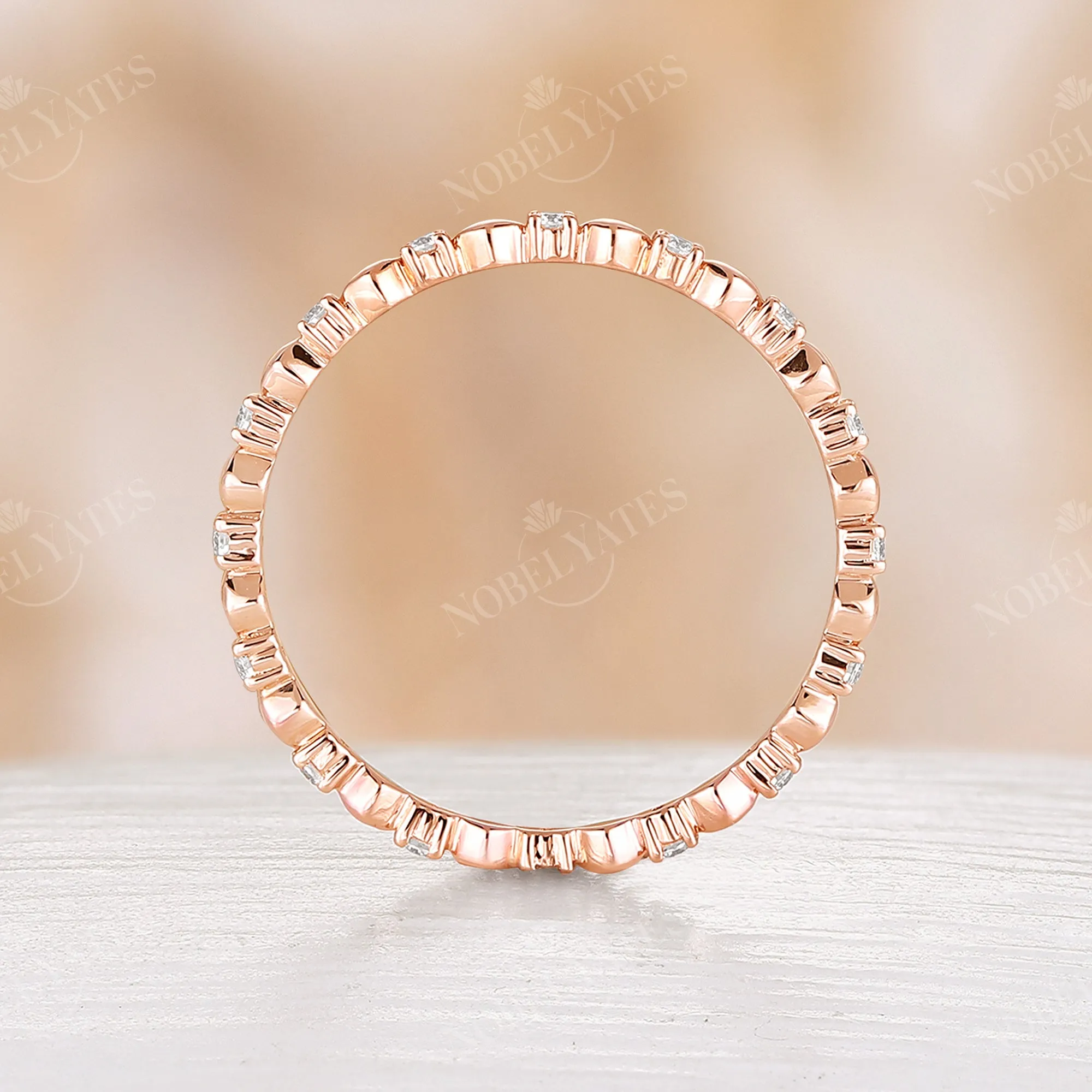 Dainty Round Shape Moissanite Full Eternity Wedding Band Rose Gold