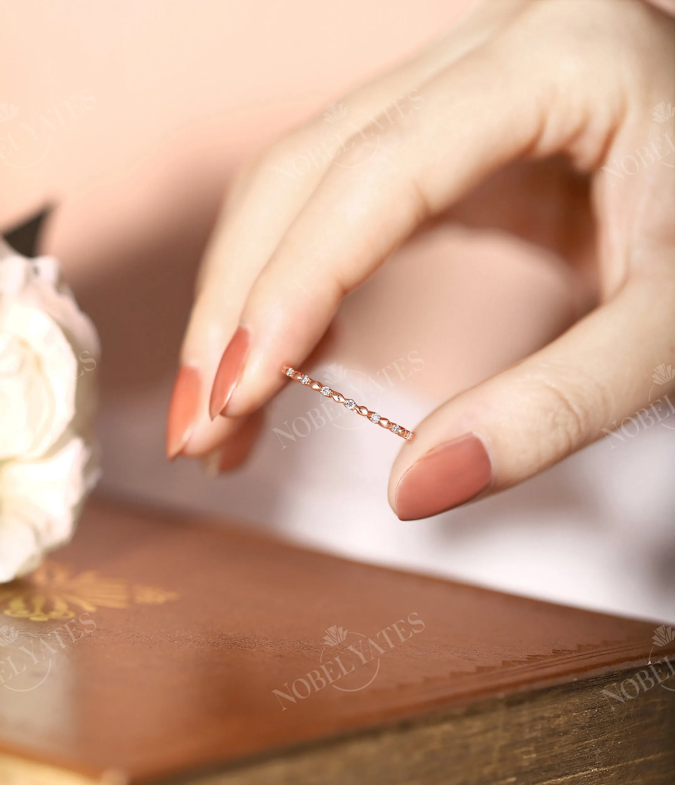 Dainty Round Shape Moissanite Full Eternity Wedding Band Rose Gold