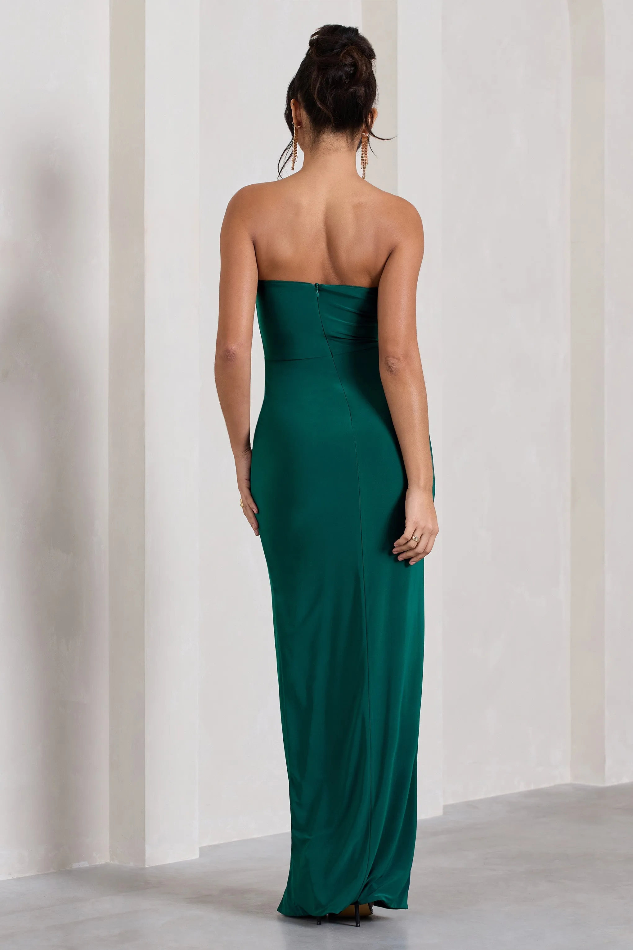 Dawning | Bottle Green Bandeau Knotted Split Maxi Dress