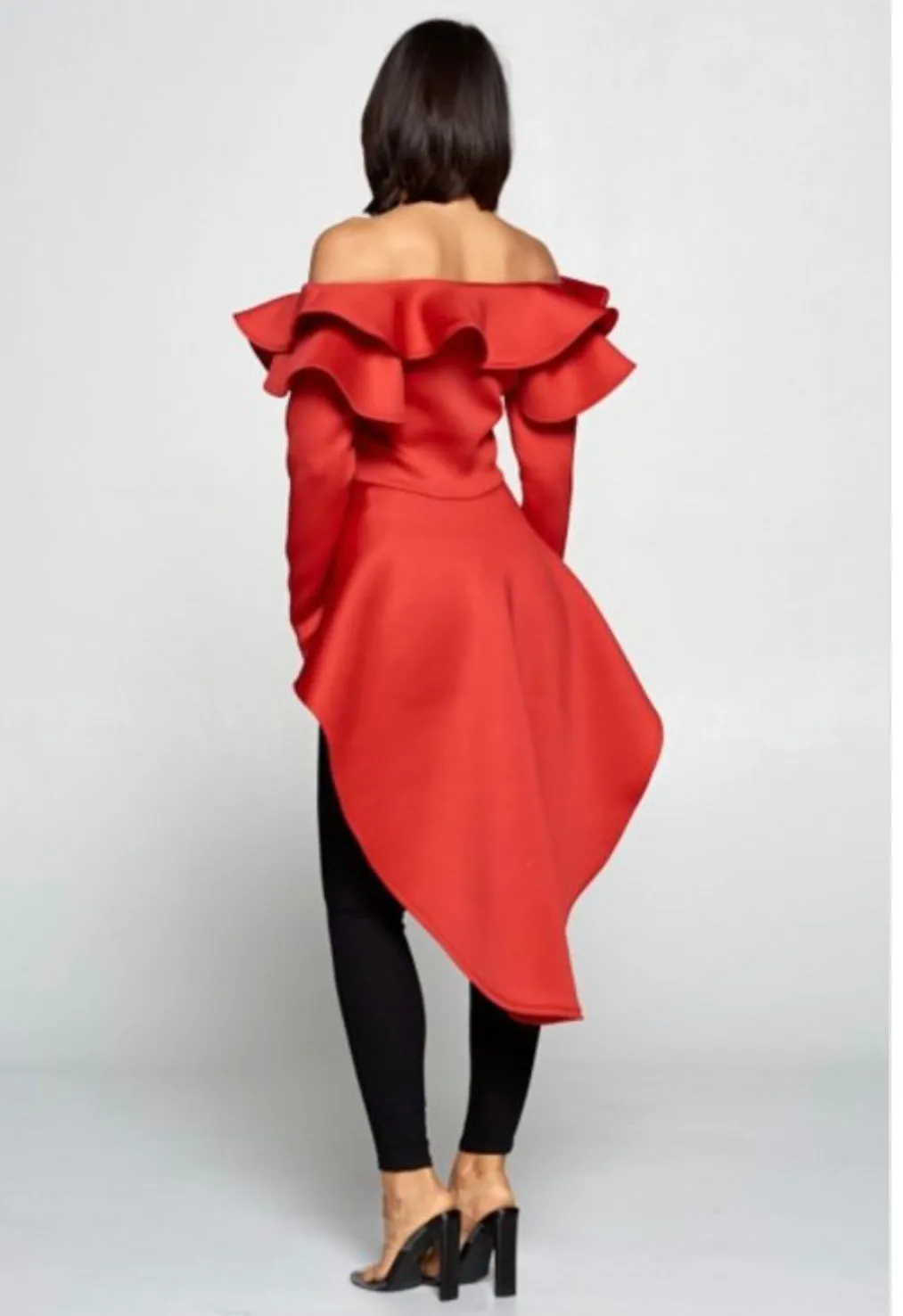 Drama Queen Red Off Shoulder Ruffled Hi Low Top