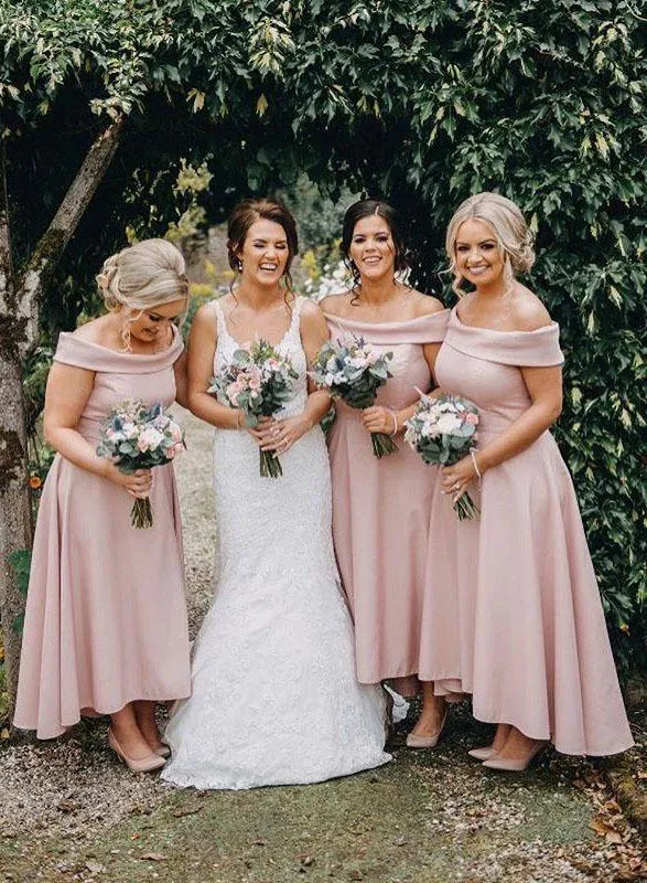 Dusty Pink Jersey Off the Shoulder High Low Ankle Length Bridesmaid Dresses with Satin