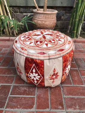 Eccentric Arabesque Moroccan pouf, Large Leather Poufs, One of a kind Pouf, Moroccan Pouf, Round Leather Pouf,  Foot rest, bohemian pouf