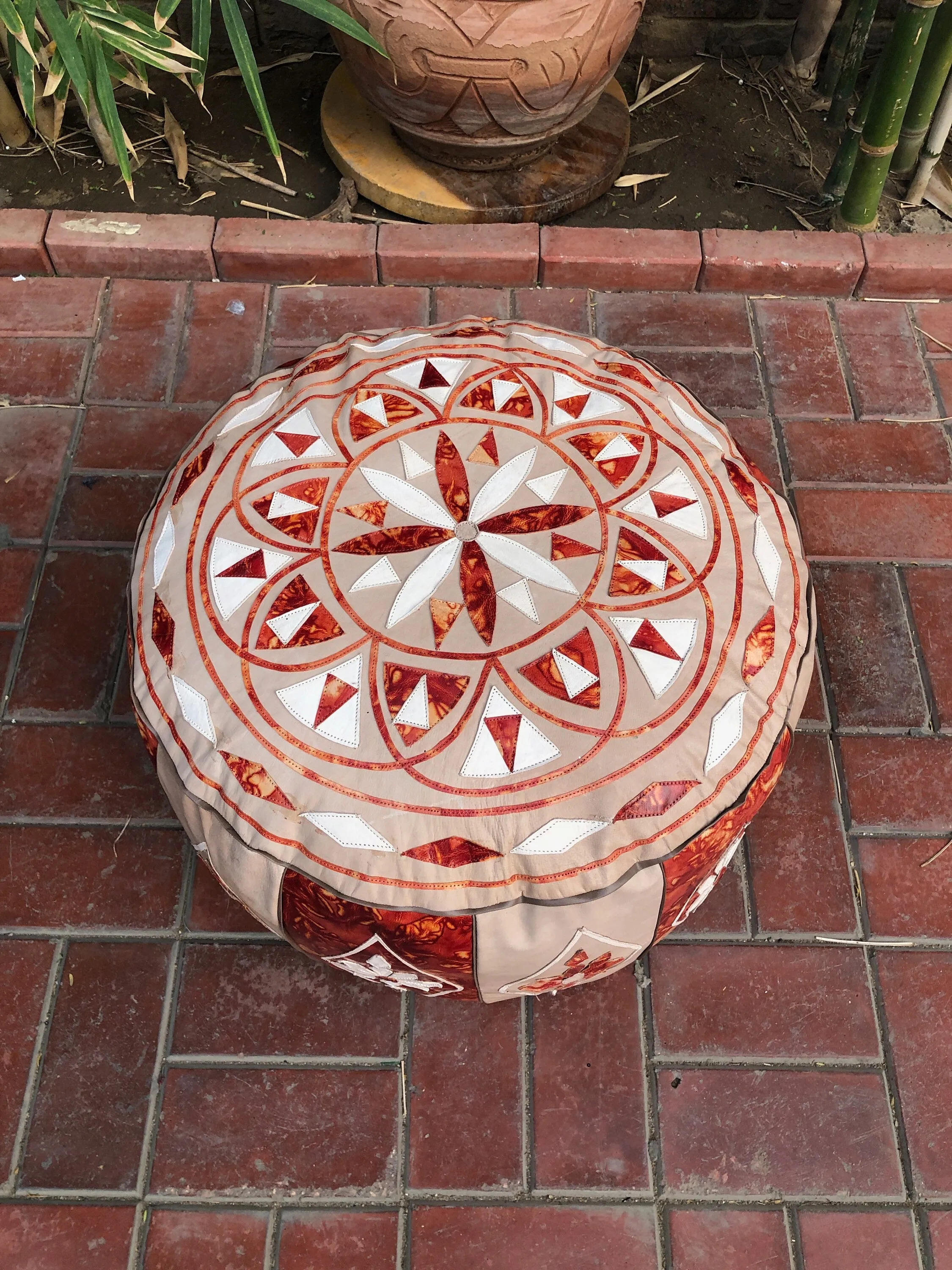 Eccentric Arabesque Moroccan pouf, Large Leather Poufs, One of a kind Pouf, Moroccan Pouf, Round Leather Pouf,  Foot rest, bohemian pouf