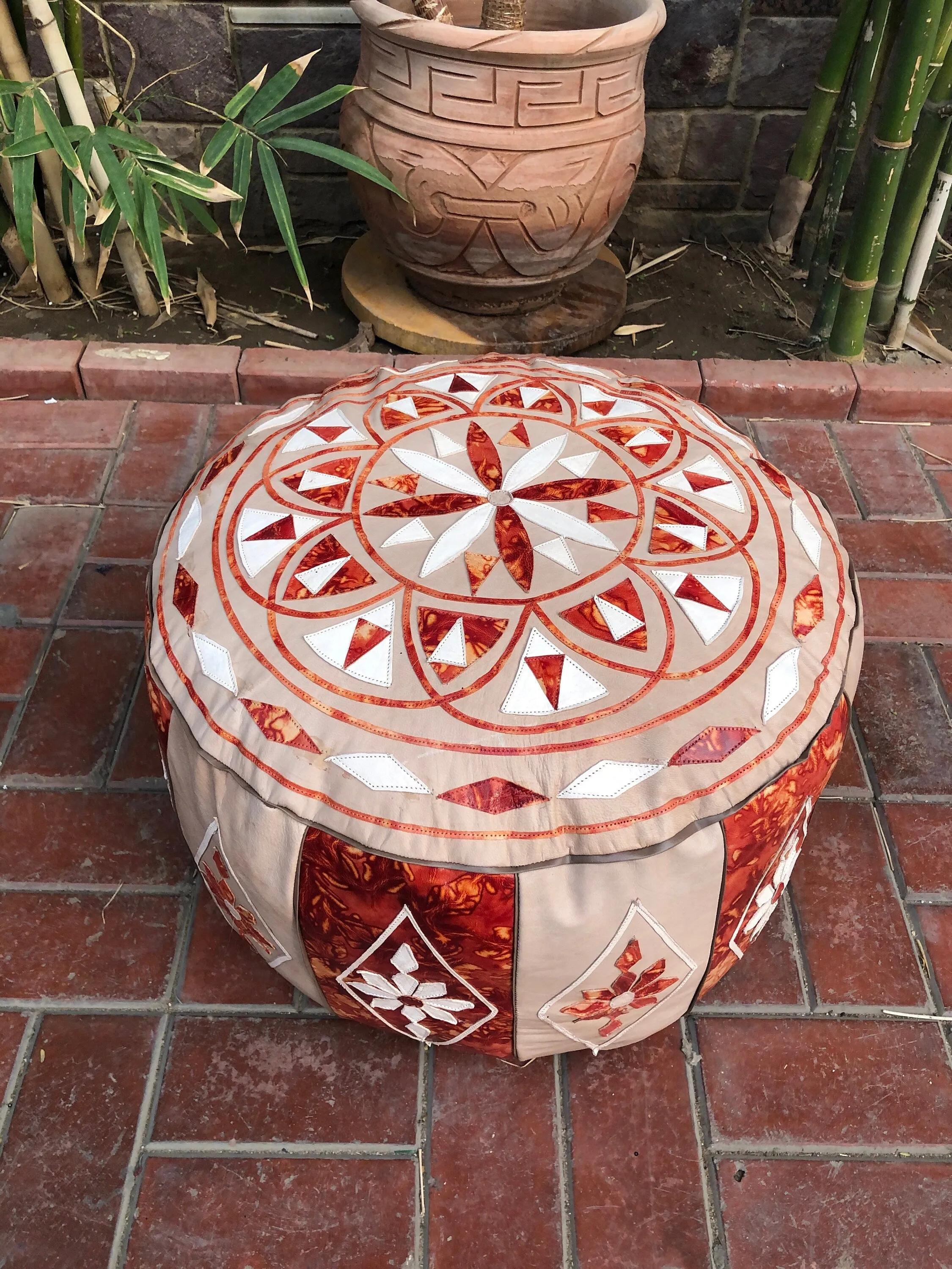 Eccentric Arabesque Moroccan pouf, Large Leather Poufs, One of a kind Pouf, Moroccan Pouf, Round Leather Pouf,  Foot rest, bohemian pouf