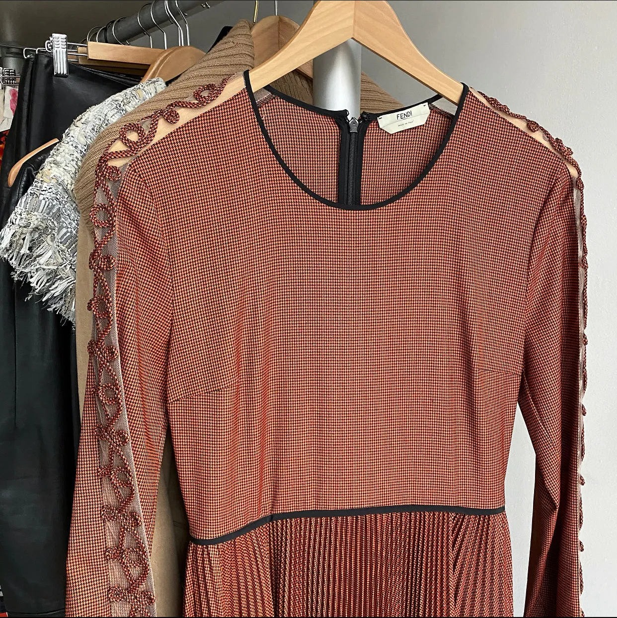 Fendi Rust Pleated Dress with Embellished Sleeves - XS / 2