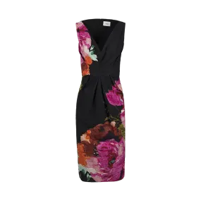 Floral Black Pleated Midi Dress