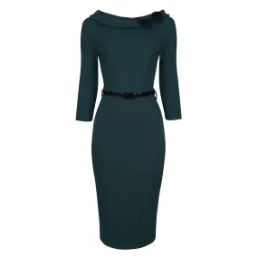 Forest Green Black Belted Bow Pencil Dress