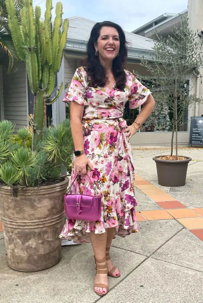 Fuchsia Floral Print Wrap Frill Dress  - Custom Design by SFH