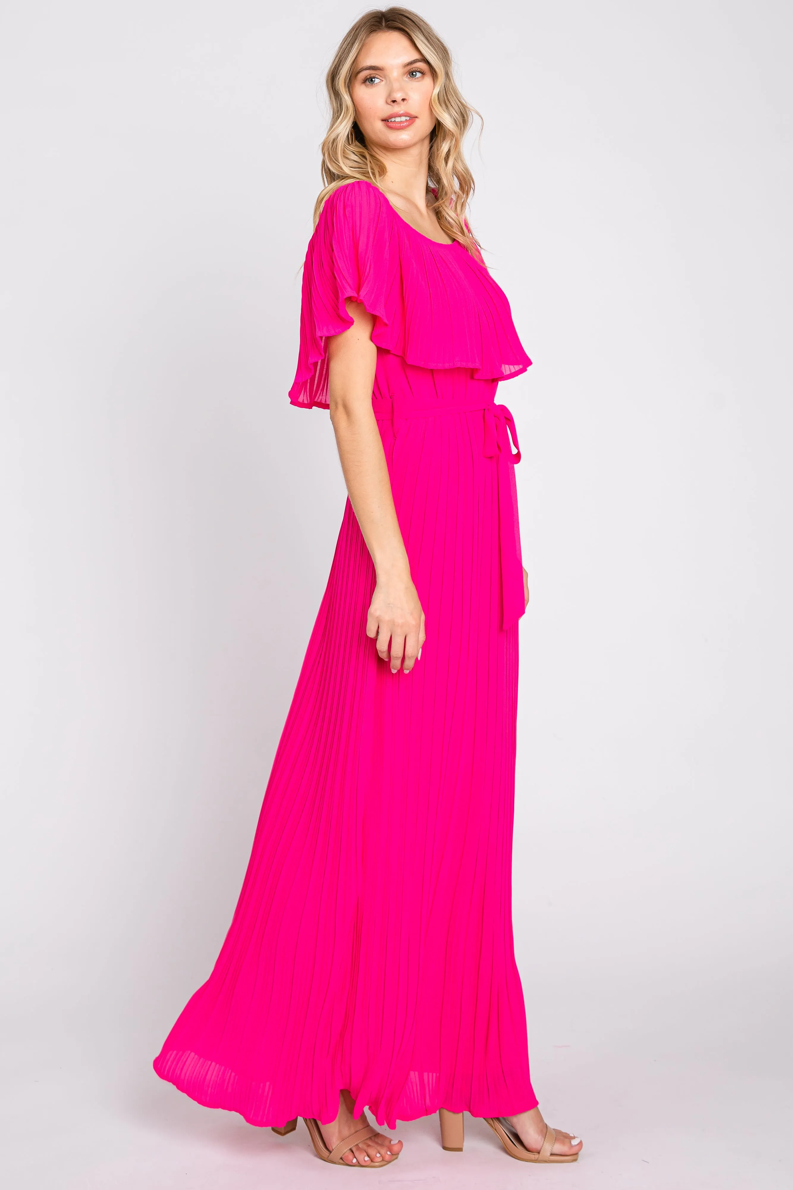 Fuchsia Pleated Off Shoulder Maxi Dress