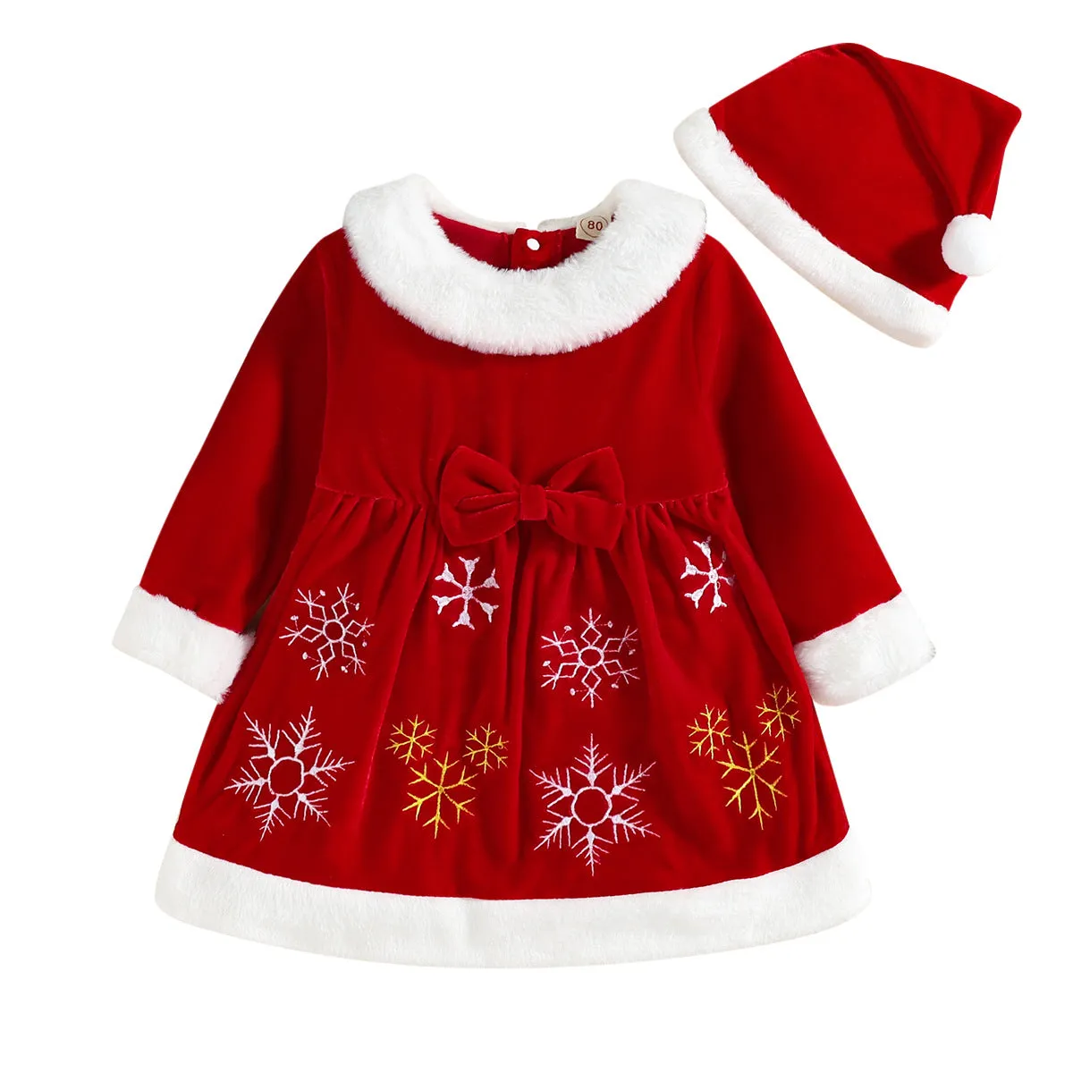 Girls' Christmas Day Snowflake Velvet Dress Plush Edge