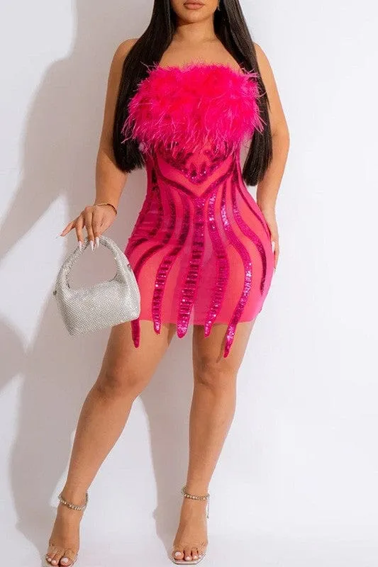 Glamorous Feathered Sequin Mini Dress Pink