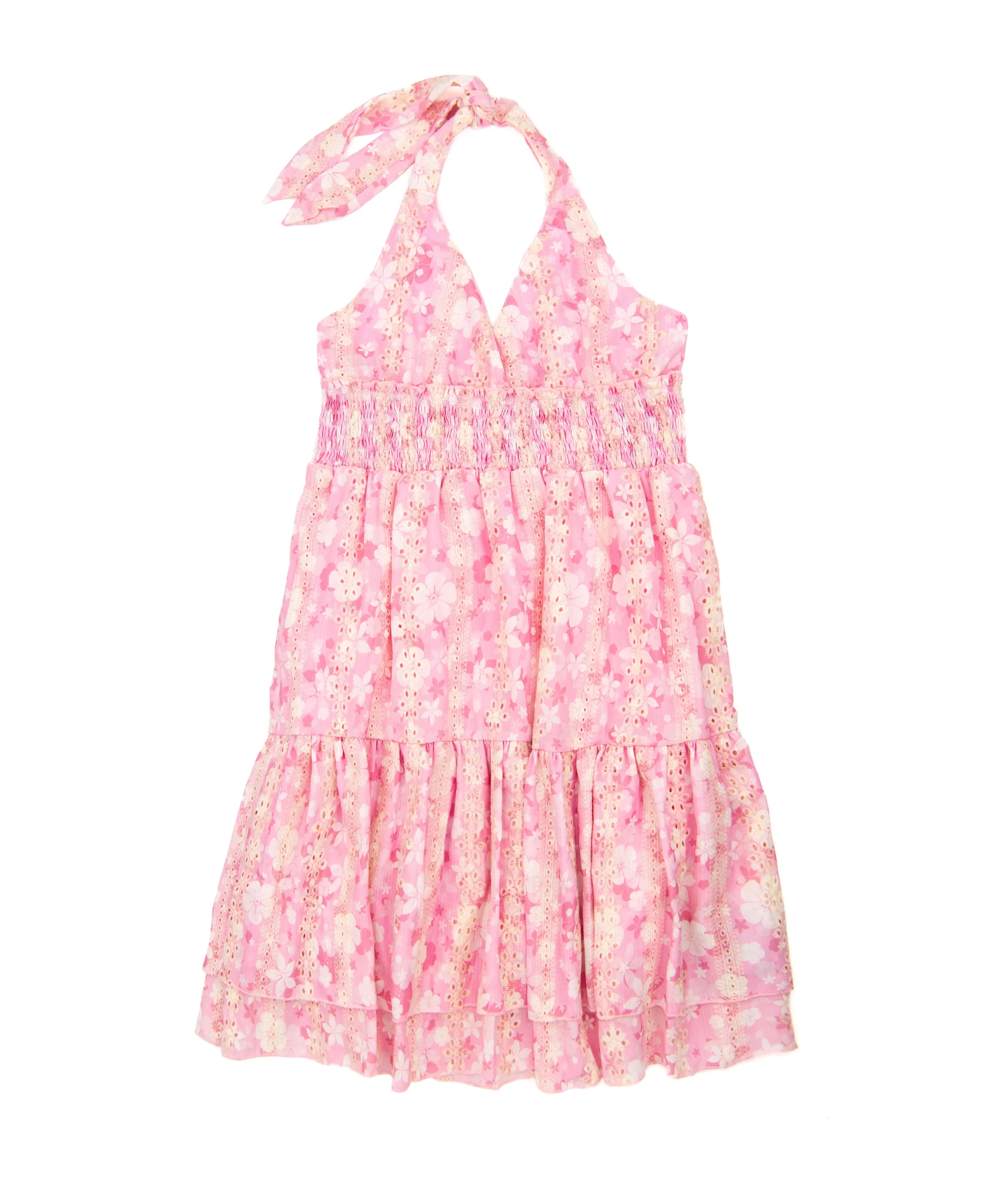 Global Love Juniors Pink Floral Eyelet Halter Dress