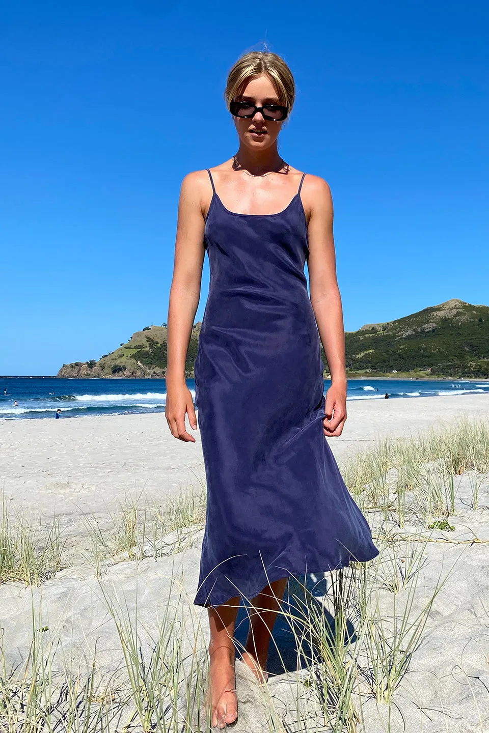 Golden Hour Navy Cupro Bias Slip Midi Dress