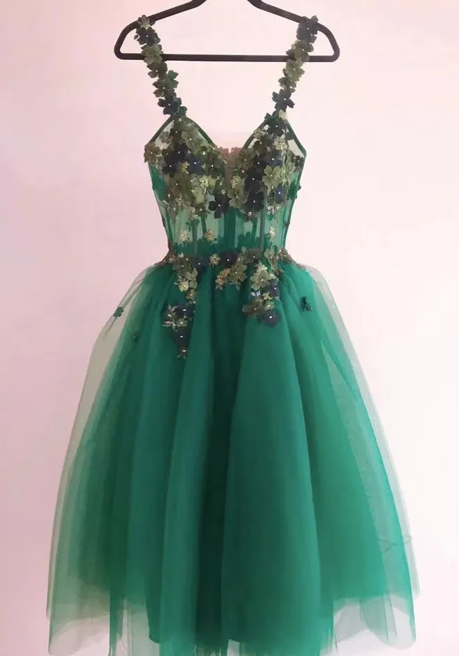 Green Prom Dresses, Sweetheart Prom Dresses, Hand Made Flowers Prom Dresses, Tulle Prom Dresses, Green Evening Gowns, Mini Cocktail Dresses       S3203