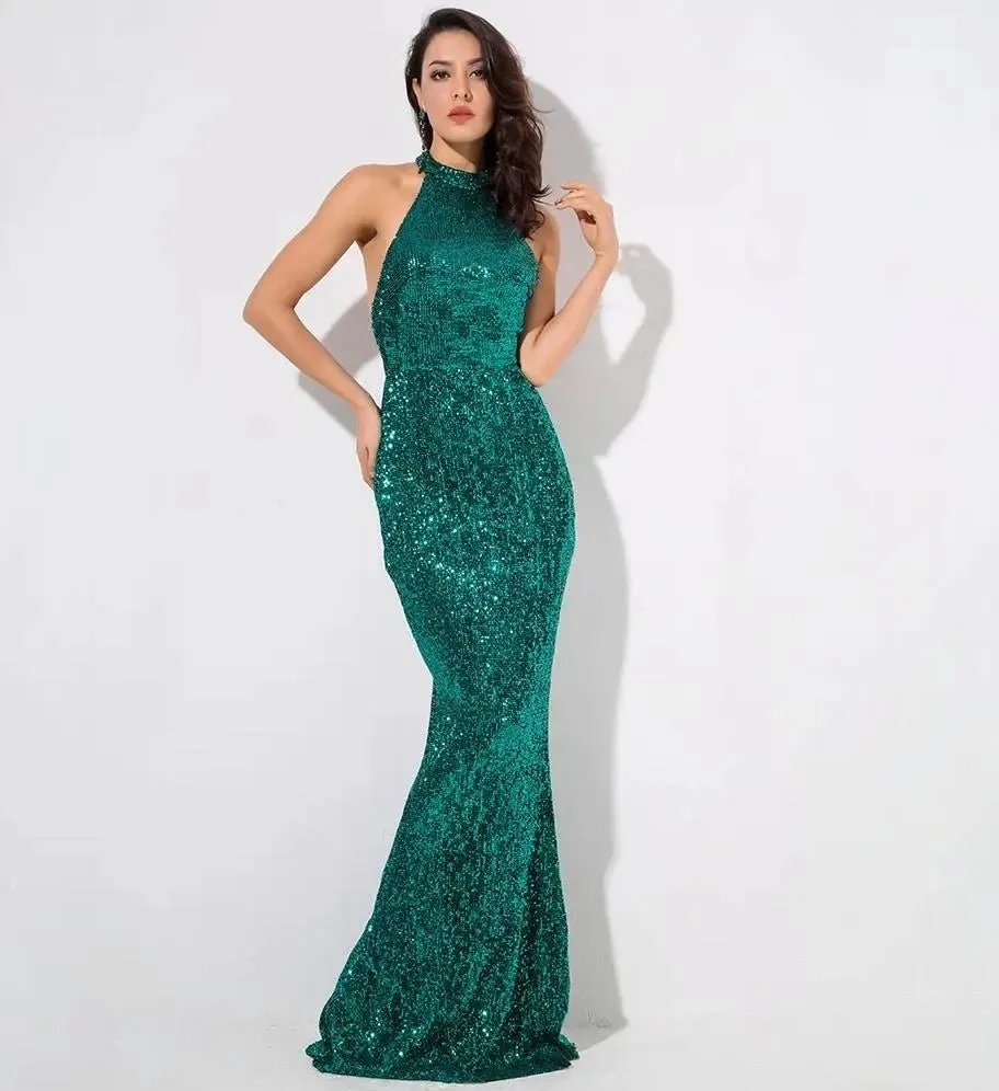 Green Sequin Fishtail Shape Long Dress